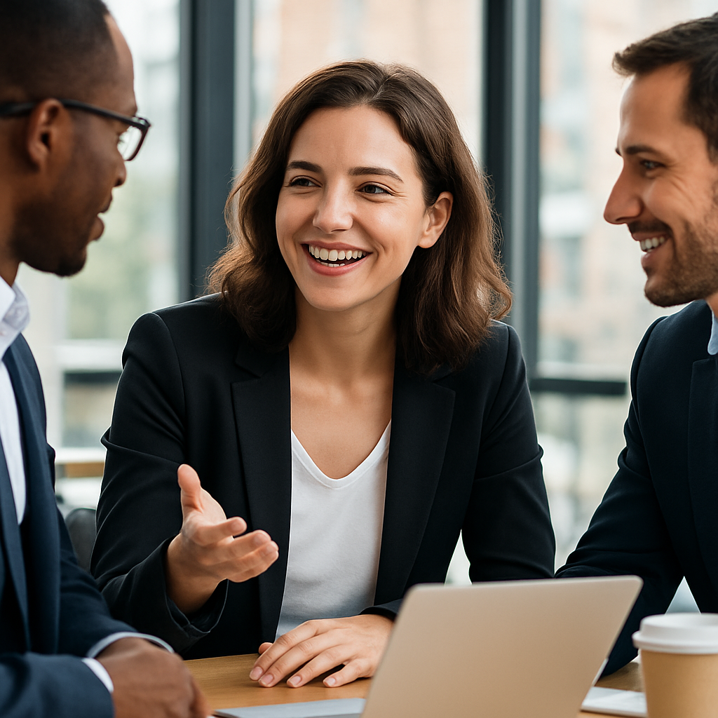 Persona che discute con colleghi sorridendo seduta-1