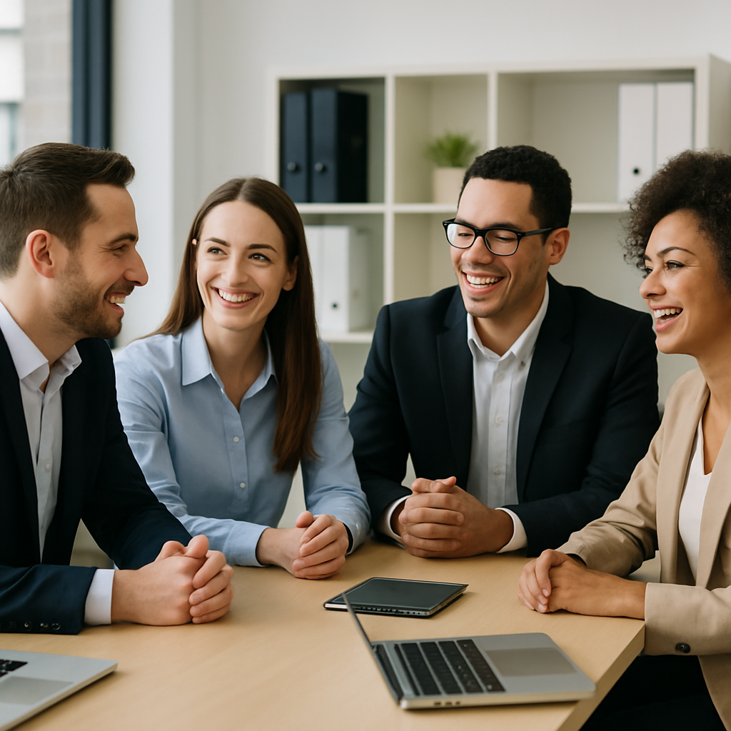 colleghi che parlano in ufficio sorridendo seduti