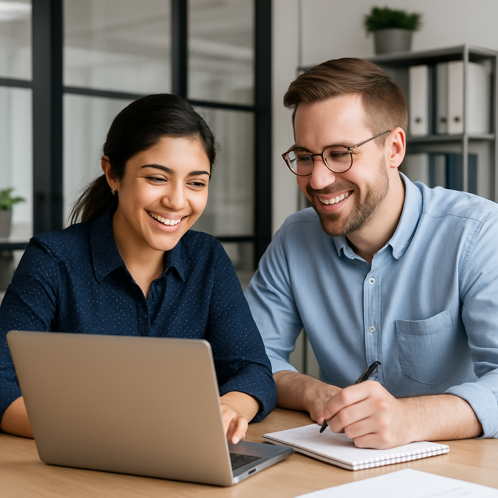 due colleghi in ufficio che lavorano insieme sorridendo-1