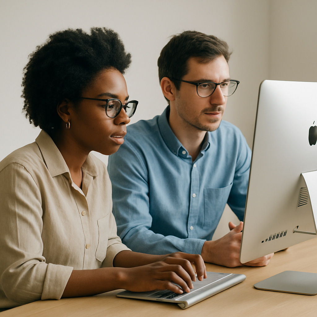 due persone che lavorano insieme usando un pc Mac di lato due persone che lavorano insieme usando un pc Mac di lato