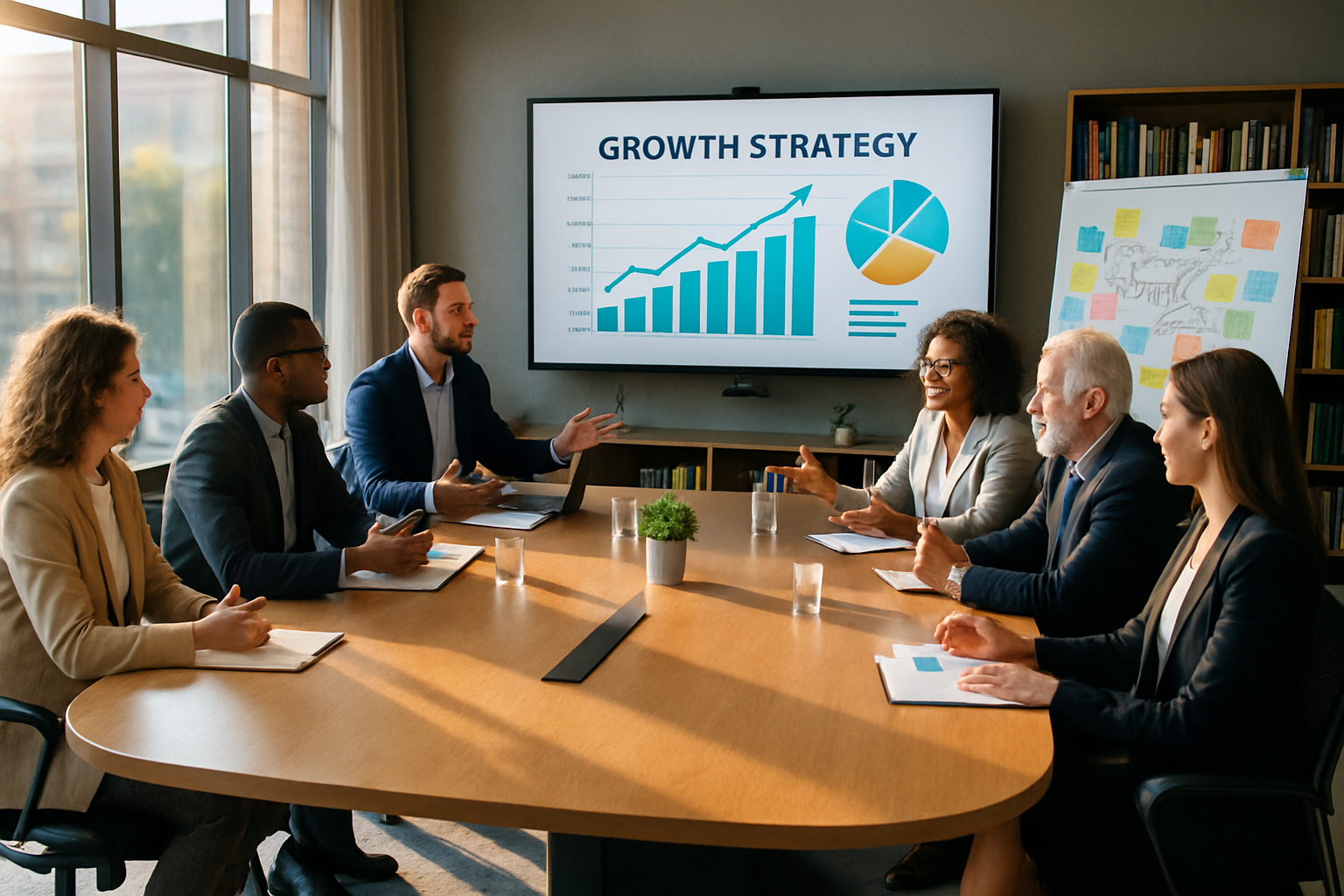 photographic The image depicts a modern office environment with a large conference table at the center surrounded by sleek ergonomic chairs Sunlight p